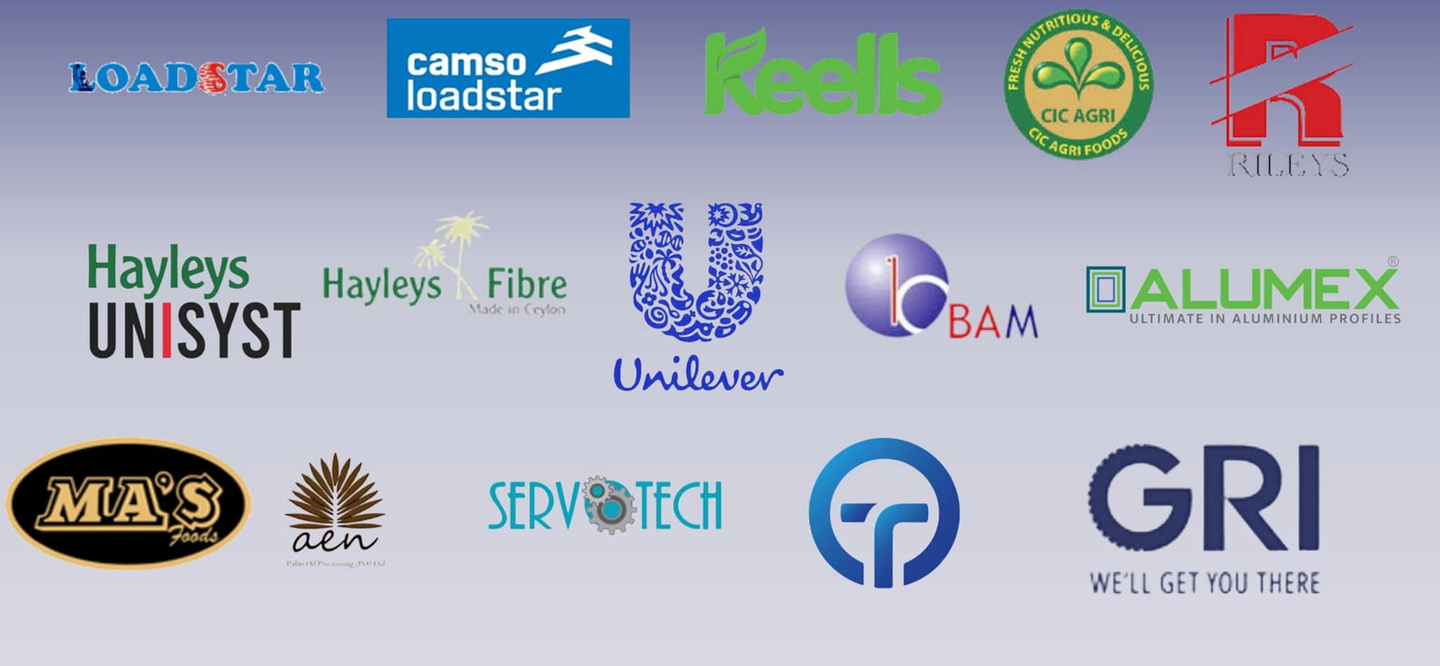 Client logos: Loadstar, Camso Loadstar, Keells, CIC Agri, Rileys, Hayleys Unisyst, Hayleys Fibre, Unilever, BAM, Alumex, MA's Foods, AEN, Servotech, GRI